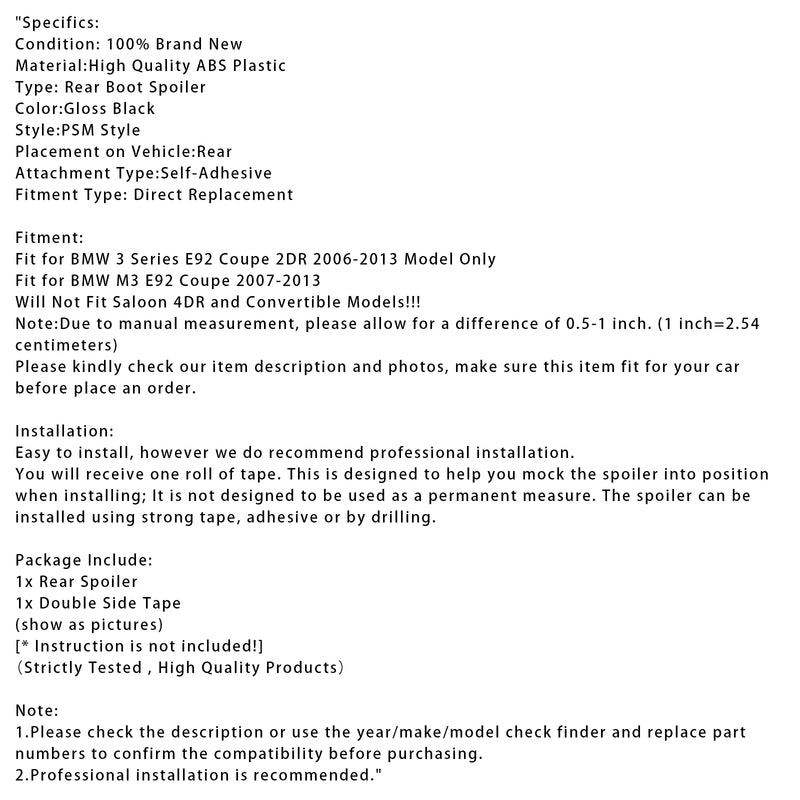 Gloss Black Rear Boot Spoiler For BMW 3 Series E92 06-13 Coupe PSM Style