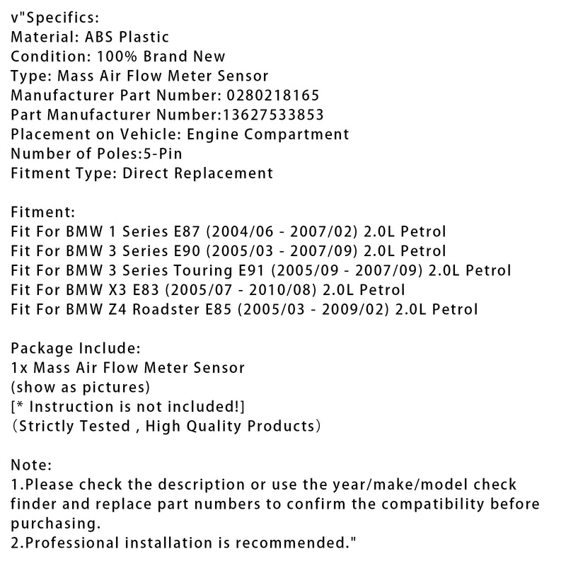 Mass Air Flow Meter Sensor For BMW E90 E91 E87 E83 Z4 0280218165