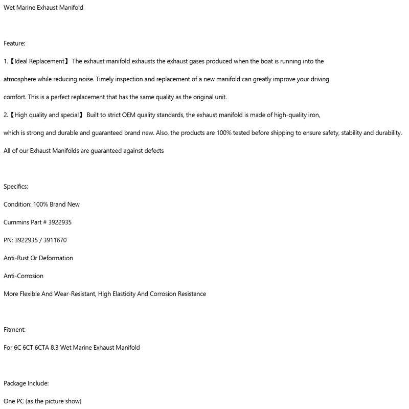 3922935 3911670,3922423,3921482 For 6C 6CT 6CTA 8.3 Wet Marine Exhaust Manifold