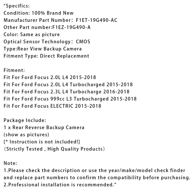 Rear Reverse Backup Camera Park Assist For Ford Focus 2015-2018 F1ET-19G490-AC