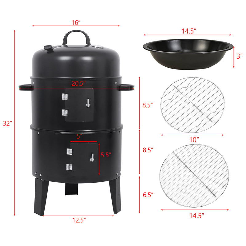 Detachable 3-in-1 Vertical Charcoal Smoker Portable BBQ Smoker Grill