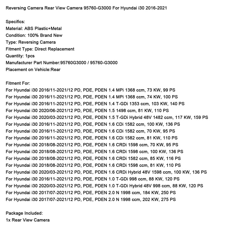 Reversing Camera Rear View Camera 95760-G3000 For Hyundai i30 2016-2021