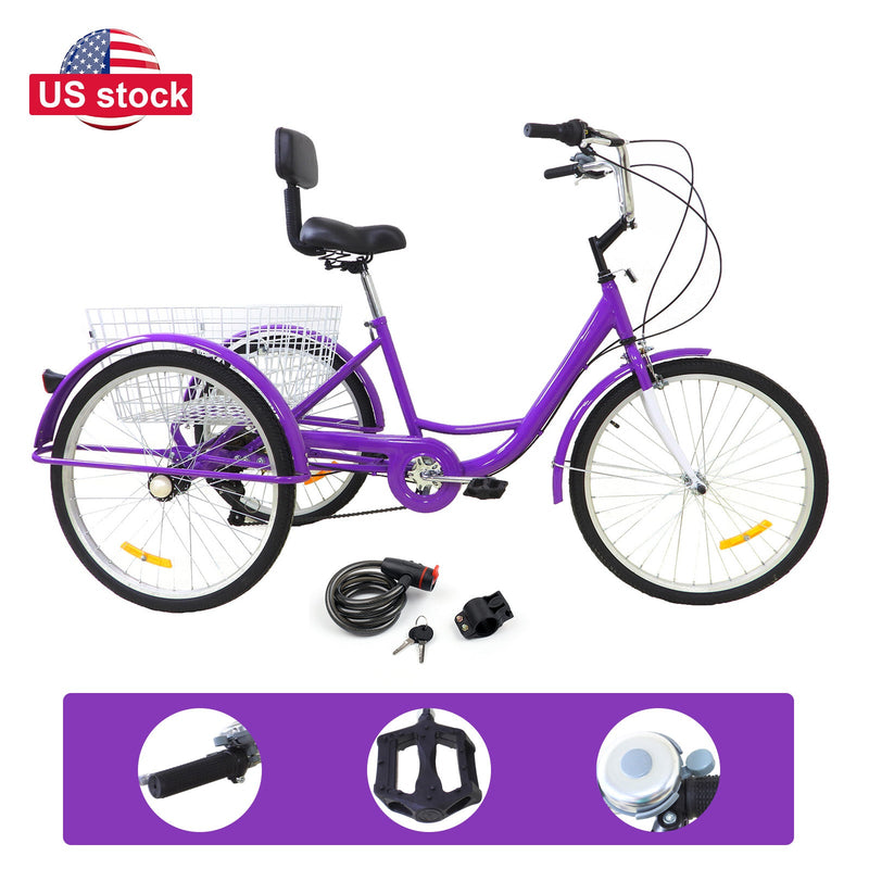 7-Speed 24" Adult 3-Wheel Tricycle Cruise Bike Bicycle With Basket