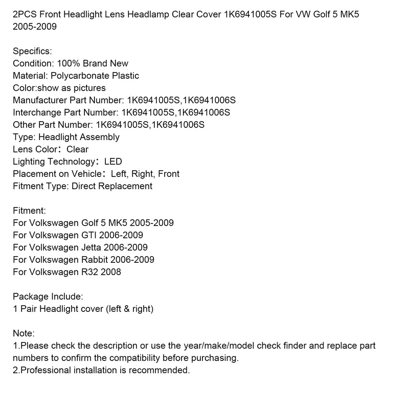 2PCS Front Headlight Lens Headlamp Clear Cover 1K6941005S For VW MK5 2005-2009