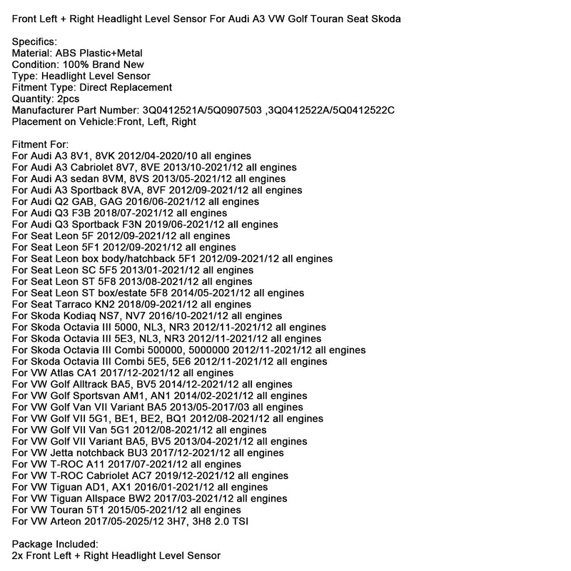 Front Left + Right Headlight Level Sensor For Audi A3 VW Golf Touran Seat Skoda