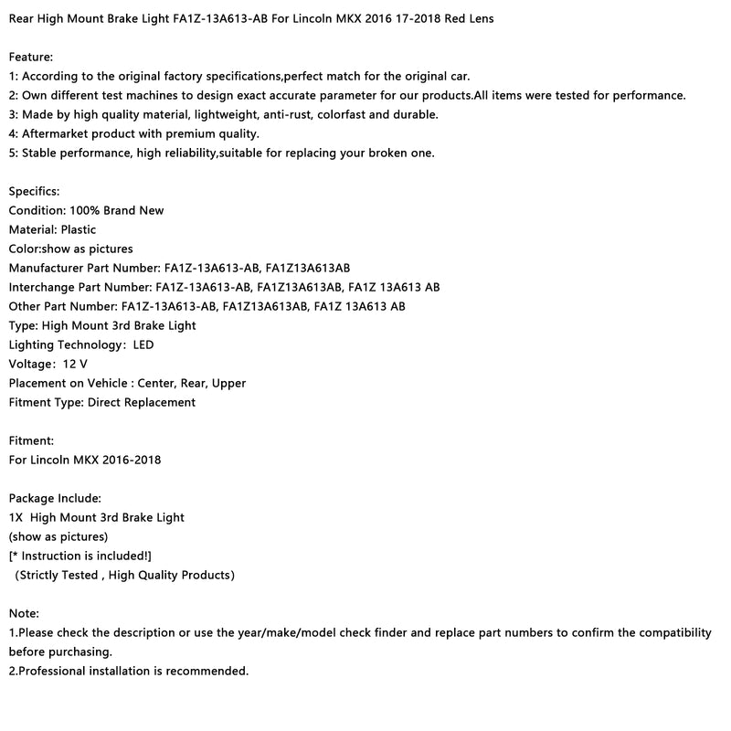 Rear High Mount Brake Light FA1Z-13A613-AB For Lincoln MKX 2016 17-2018 Red Lens