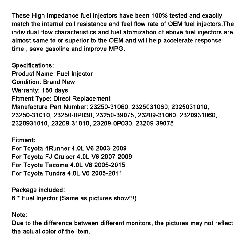6PCS Fuel injector 23250-31060 Fit Toyota Tacoma 4Runner FJ Cruiser 23250-31010