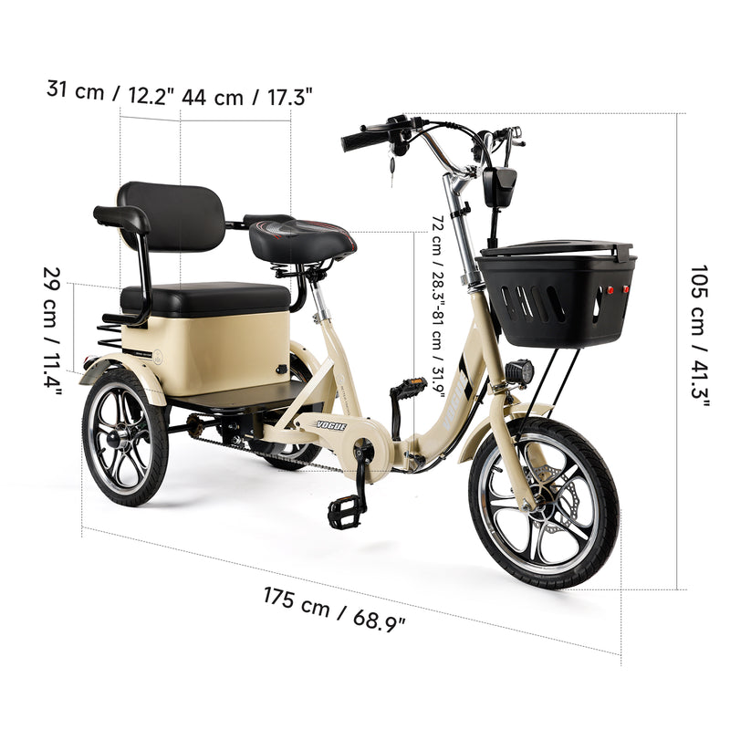400W 48V 12A Elder Electric folding trike 3 wheel e-bike with Rear Seat