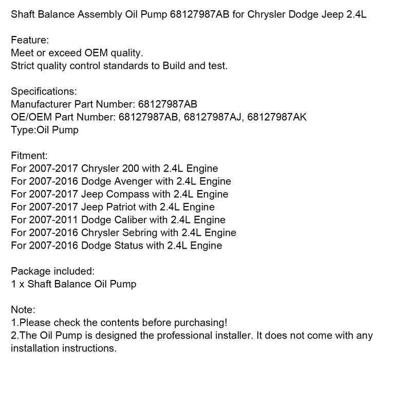 68127987AB 68127987AJ 68127987AK Shaft Balance Assembly Oil Pump for Chrysler Dodge Jeep 2.4L