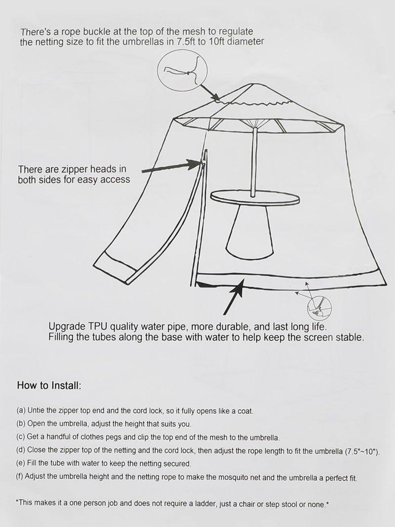 Patio Umbrella Bug Screen W/Zipper Door and Polyester Netting Mosquito Screen