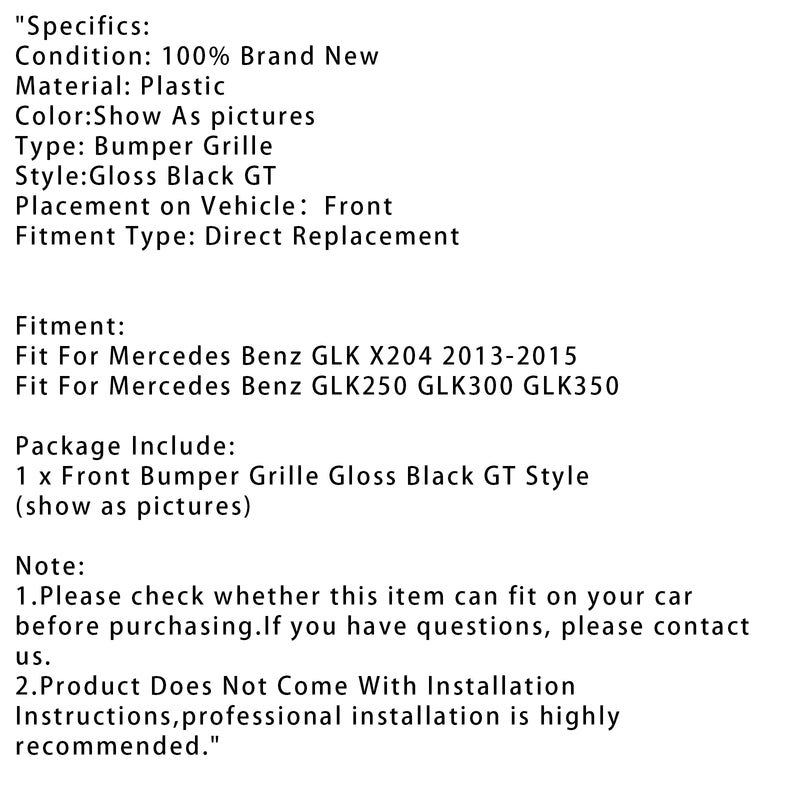 Gloss Black Front Grille Grill For Mercedes Benz GLK X204 2013-2015 GT