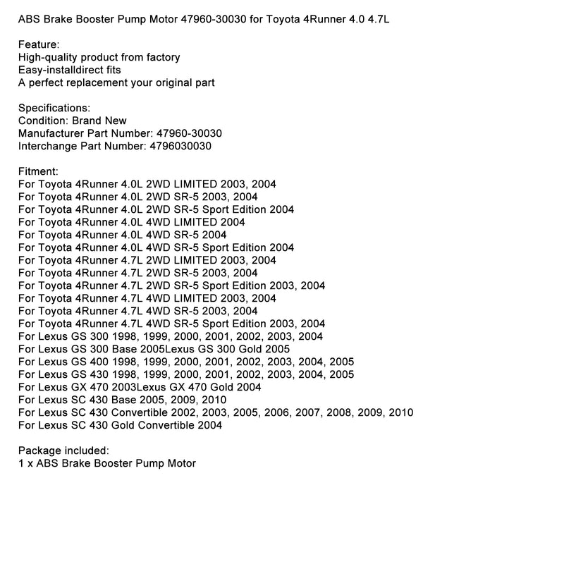 Lexus SC 430 Convertible 2002, 2003, 2005-2010 ABS Brake Booster Pump Motor 47960-30030 Fedex Express