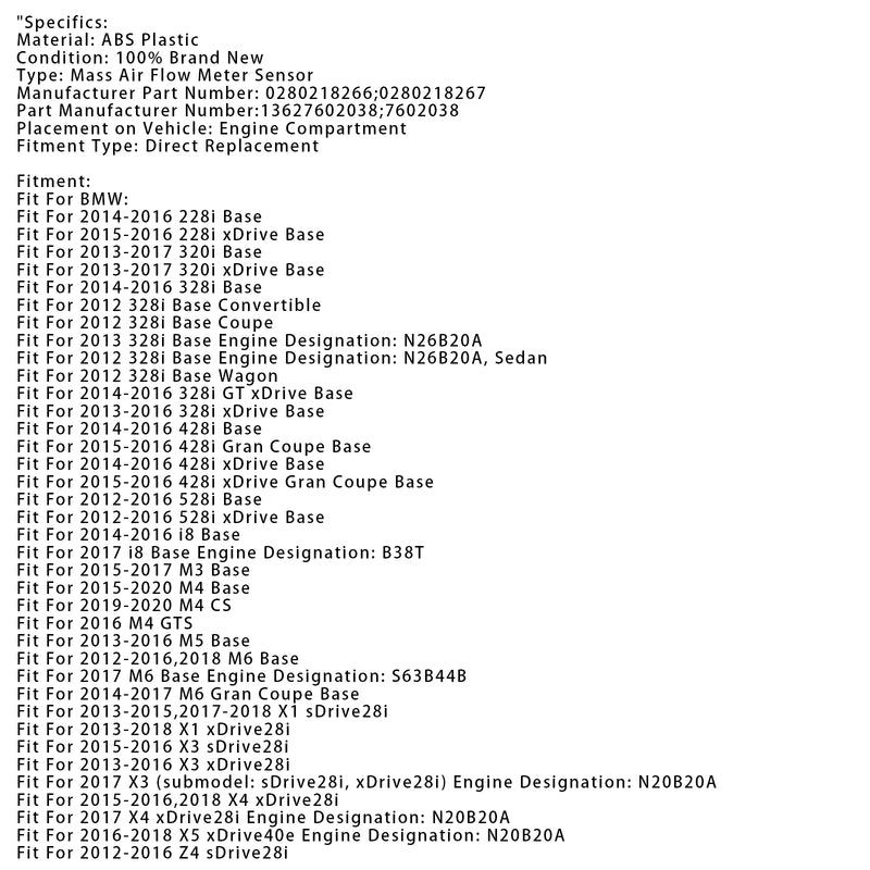 Mass Air Flow Meter Sensor For BMW F30 F10 X1 320i 328i 528i 0280218266