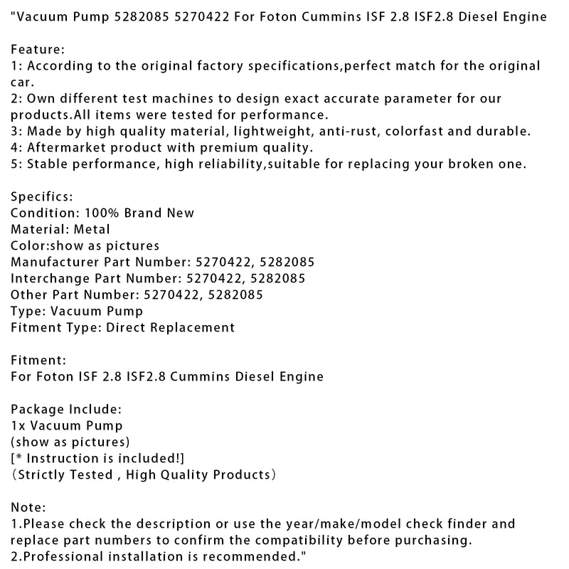 Vacuum Pump 5282085 5270422 For Foton Cummins ISF 2.8 ISF2.8 Diesel Engine