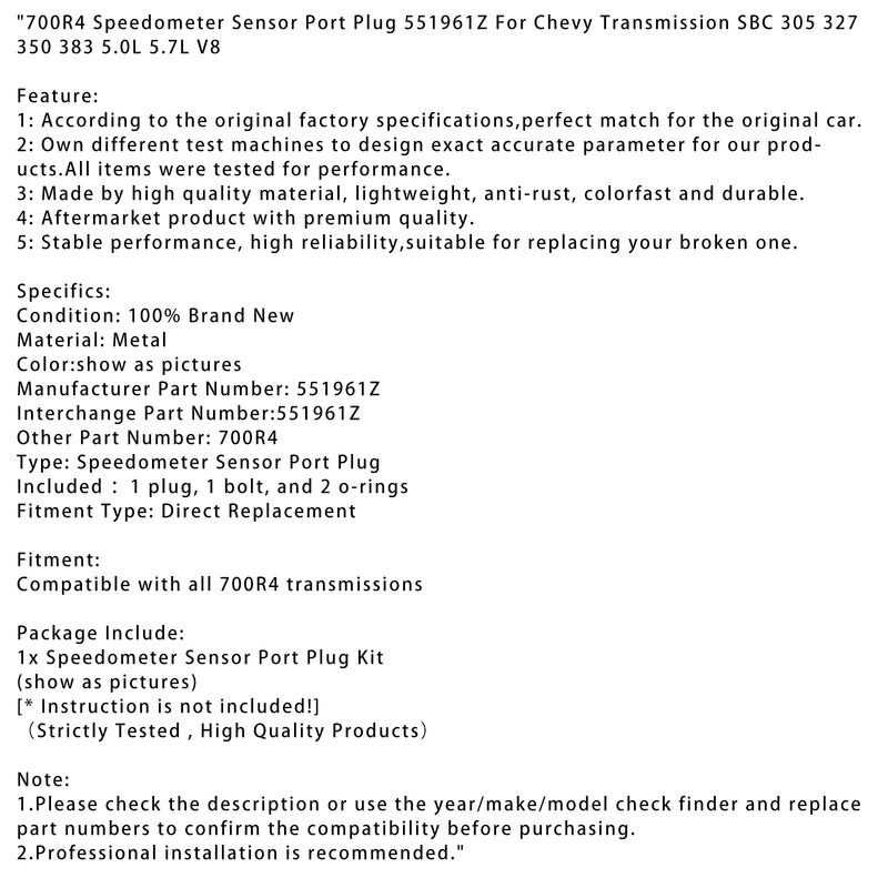 700R4 Speedometer Sensor Port Plug 551961Z For Chevy Transmission SBC 305 327