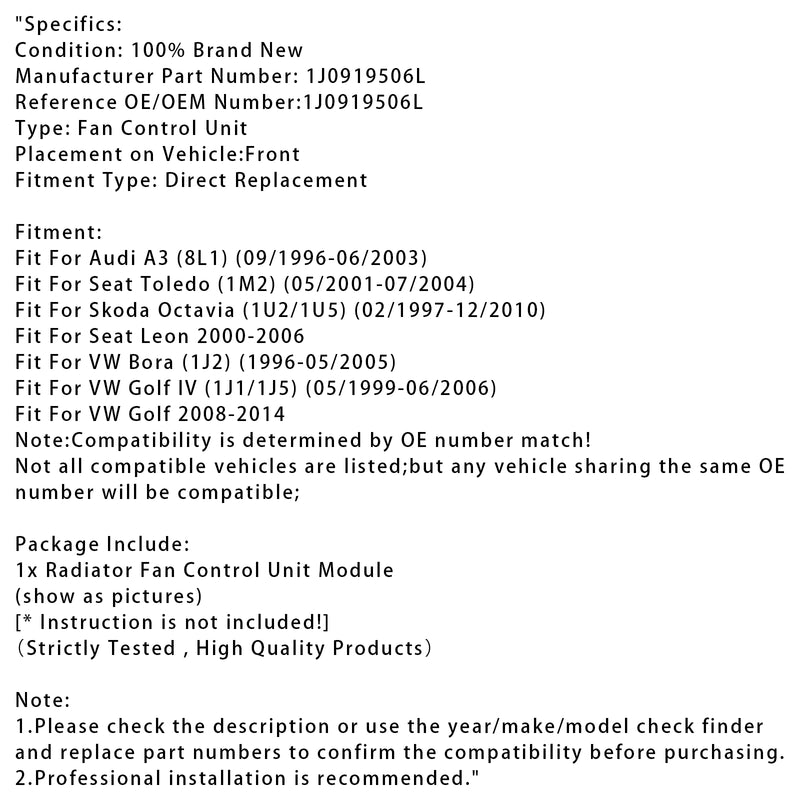 Radiator Fan Control Module For VW Golf IV Bora Audi A3 Skoda 1J0919506L