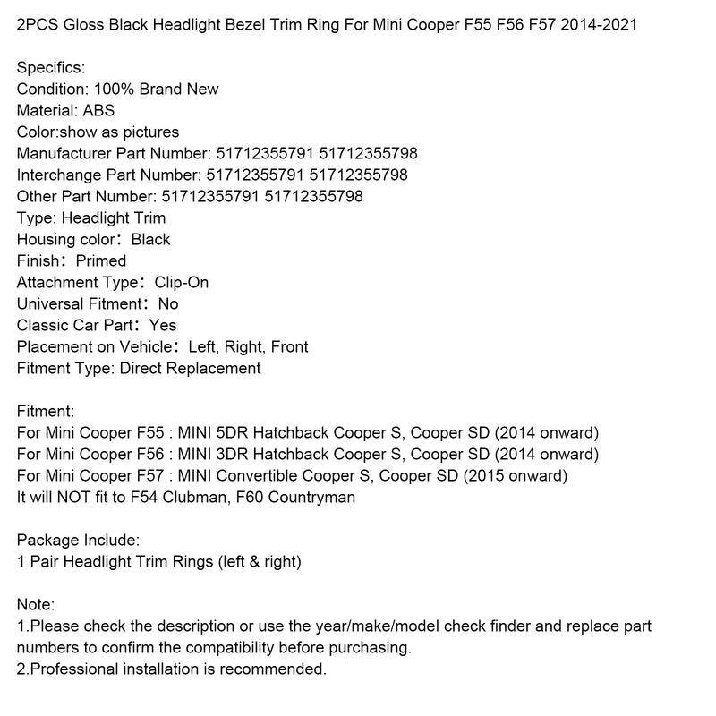 2PCS Gloss Black Headlight Bezel Trim Ring For Mini Cooper F55 F56 F57 14-21