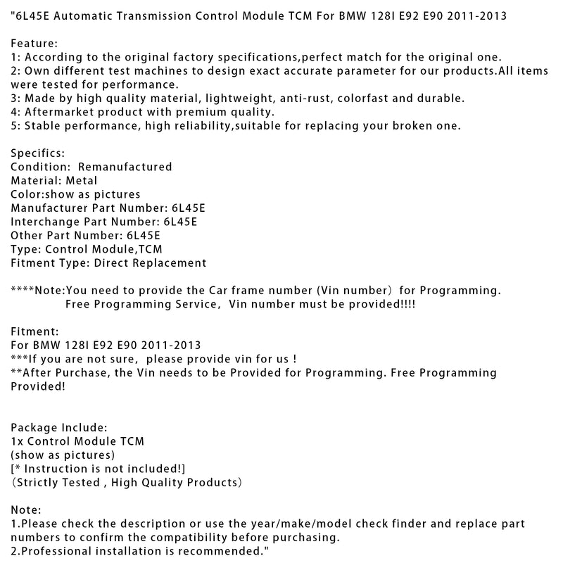 6L45E Automatic Transmission Control Module TCM For BMW 128I E92 E90 2011-2013