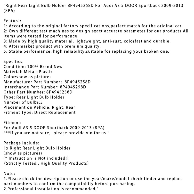 Right Rear Light Bulb Holder 8P4945258D For Audi A3 5 DOOR Sportback 2009-2013
