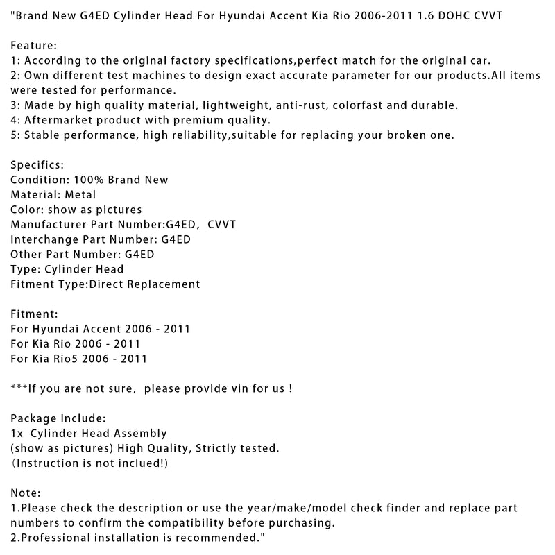 Brand New G4ED Cylinder Head For Hyundai Accent Kia Rio 2006-2011 1.6 DOHC CVVT