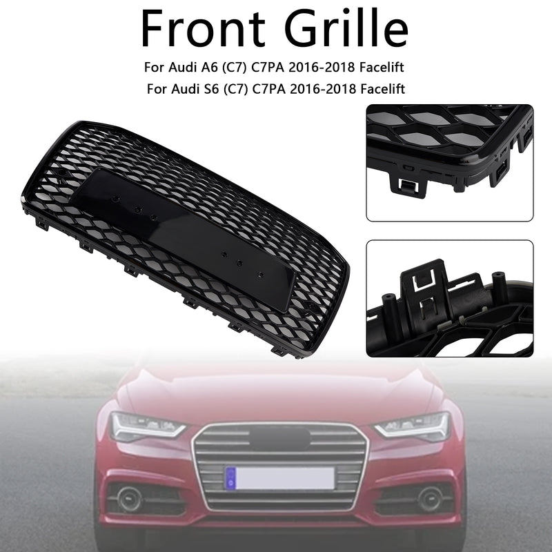 RS6 Style Front Honeycomb Mesh Grille Grill Fit Audi A6 S6 C7 2016-2018 Black