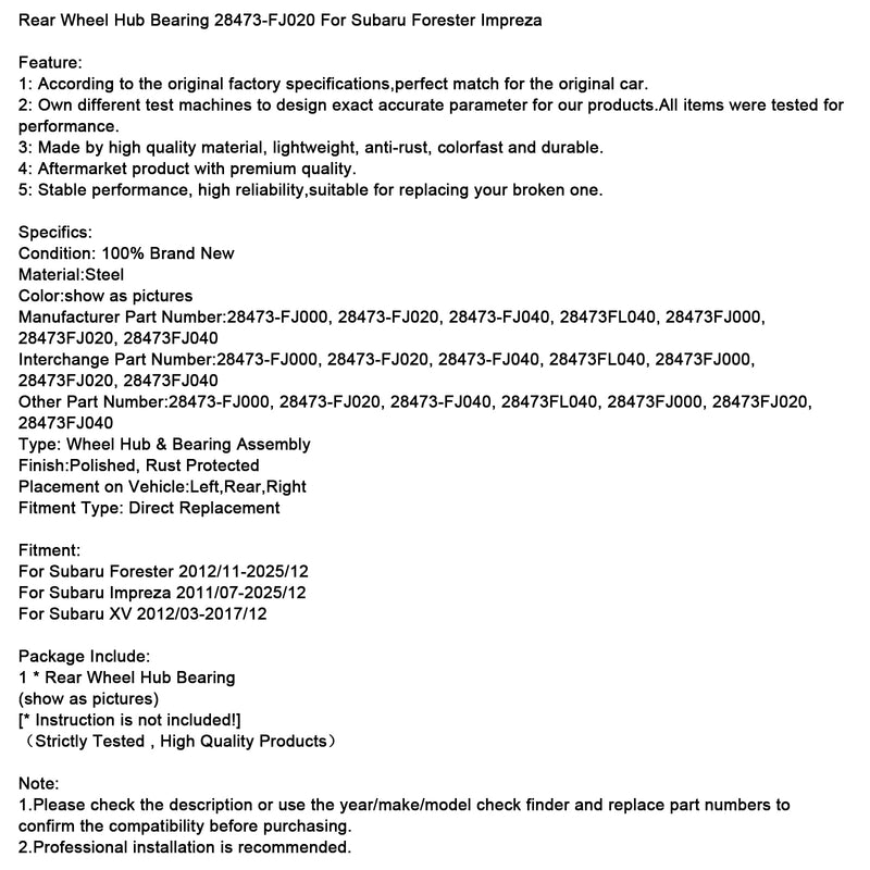 Rear Wheel Hub Bearing 28473-FJ020 For Subaru Forester Impreza