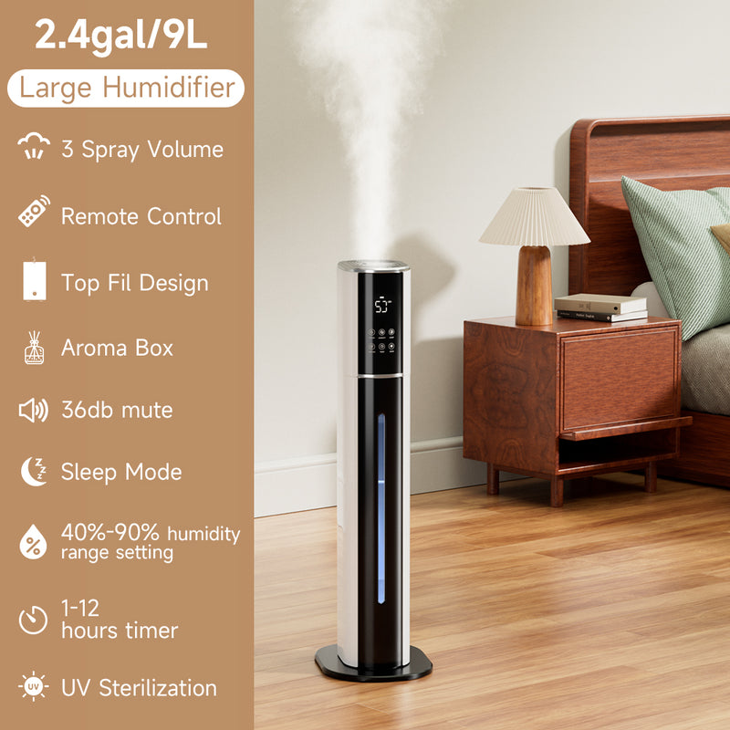 2.4gal/9L Bedroom Silent Humidifier Suitable for Large Room, 3-Speed Ultrasonic Cool Mist Humidifier, Purification and filtration function, Built-in UV lamp ，Suitable for Indoor Pet Friendly, Babies Friendly Plant Friendly
