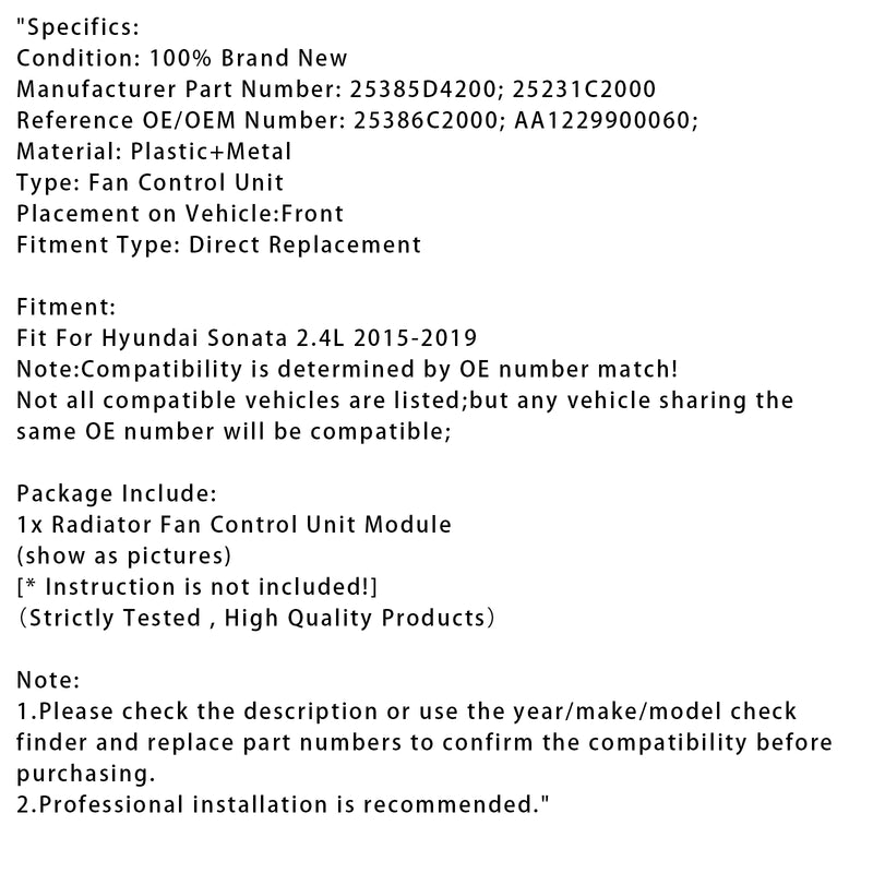 Radiator Fan Control Module For Hyundai Sonata 2.4L 2015-2019 25385D4200