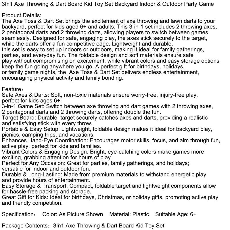 3In1 Axe Throwing & Dart Board Kid Toy Set Backyard Indoor & Outdoor Party Game