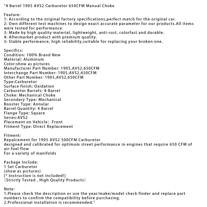 4 Barrel 1905 AVS2 Carburetor 650CFM Manual Choke