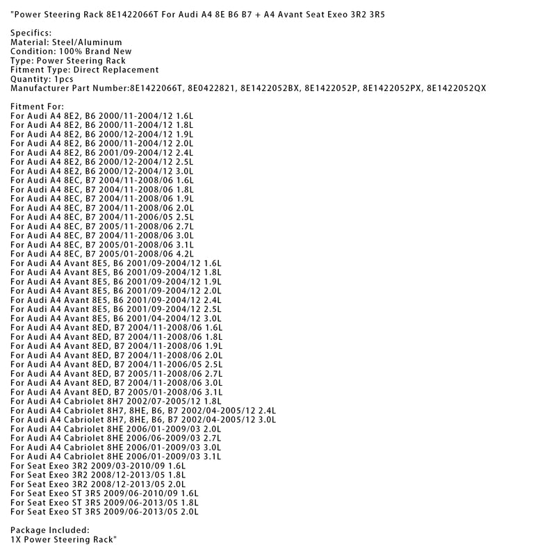 Power Steering Rack 8E1422066T For Audi A4 8E B6 B7 + A4 Avant Seat Exeo 3R2 3R5