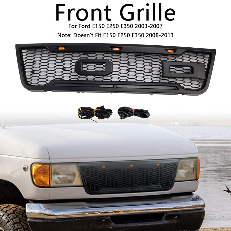 Black Front Bumper Grill Grille Fit Ford E150 E250 E350 2003-2007 With Led