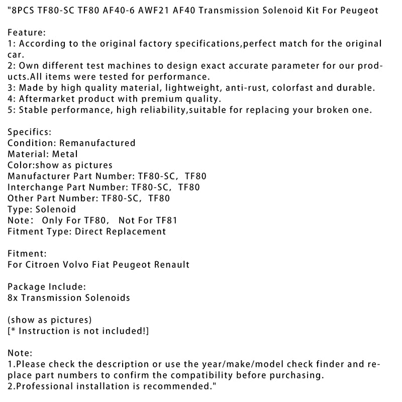 8PCS TF80-SC AF40-6 AWF21 AF40Transmission Solenoid Kit For Peugeot