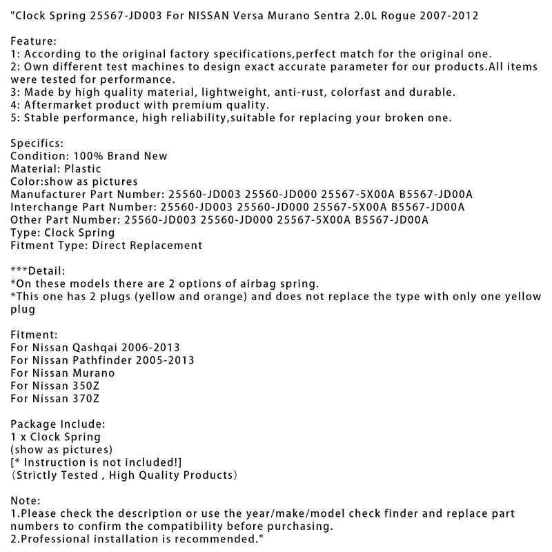 Clock Spring 25567-JD003 For NISSAN Versa Murano Sentra 2.0L Rogue 2007-2012