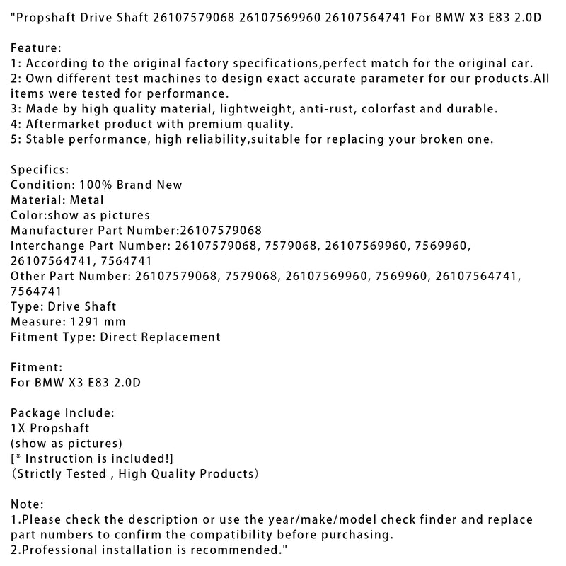 Propshaft Drive Shaft 26107579068 26107569960 26107564741 For BMW X3 E83 2.0D