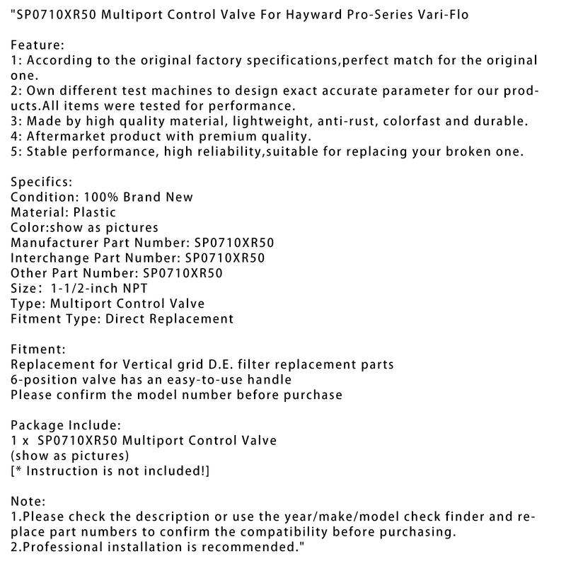 SP0710XR50 Multiport Control Valve For Hayward Pro-Series Vari-Flo