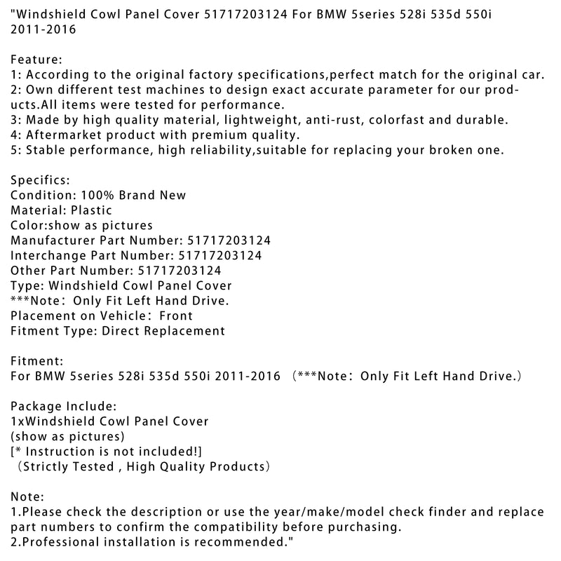 Windshield Cowl Panel Cover 51717203124 For BMW 5series 528i 535d 550i 2011-2016