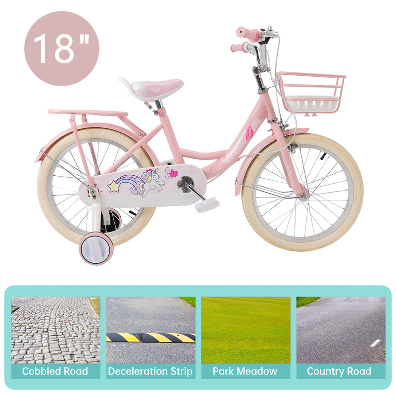 18" Child Bicycle Girls Bike with auxiliary wheels & Rack & Basket Pink
