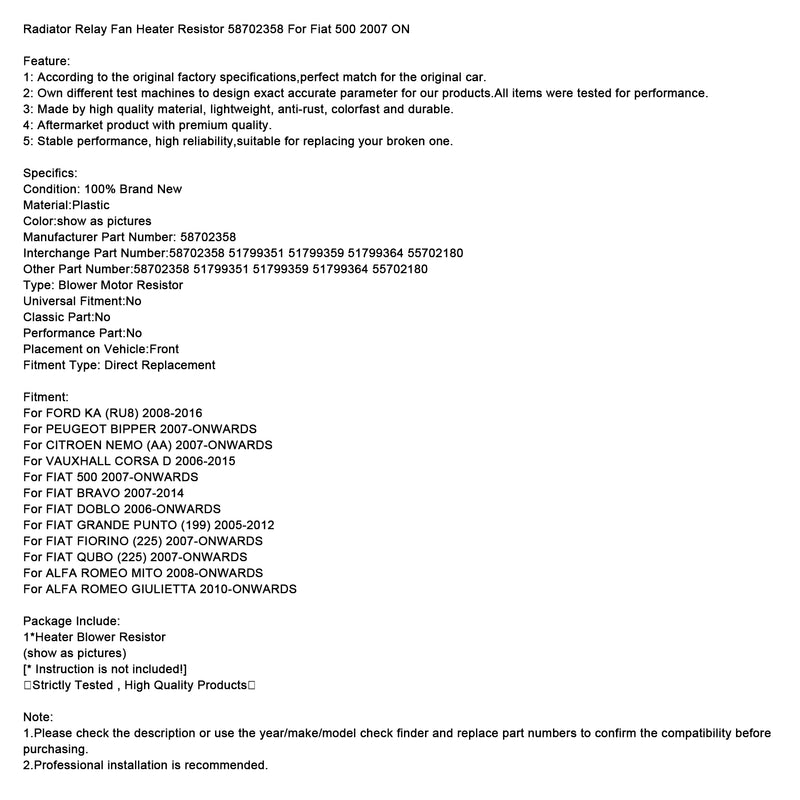 Radiator Relay Fan Heater Resistor 58702358 For Fiat 500 2007 ON