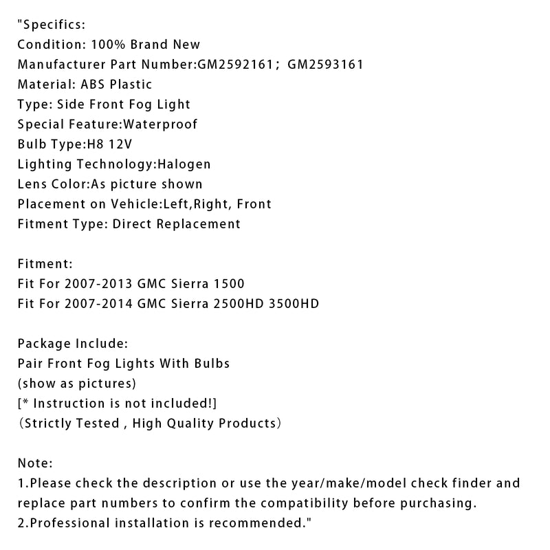 Fog Light Lamps With Bulbs For GMC Sierra 2500HD 3500HD 2007-2014