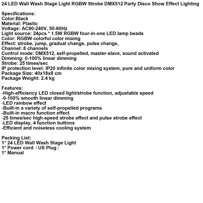 24 LED Wall Wash Stage Light RGBW Strobe DMX512 Party Disco Show Effect Lighting