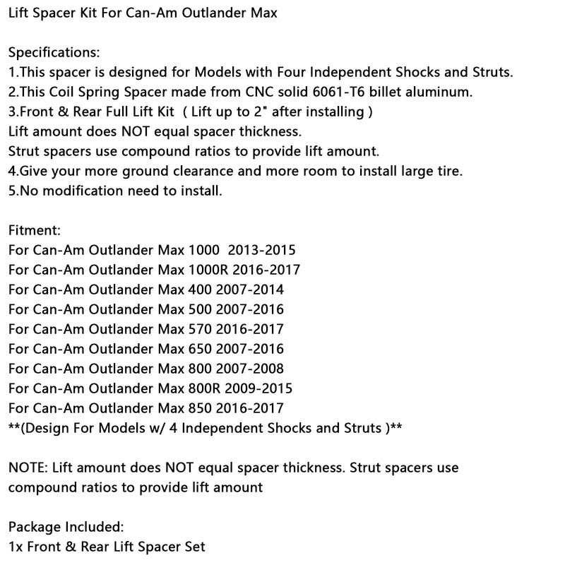 Lift Spacer Kit For Can-Am Outlander Max 1000/1000R/400/500/570/650/800/850