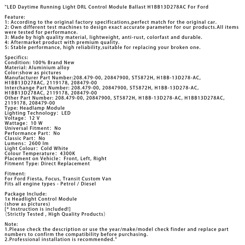 LED Daytime Running Light DRL Control Module Ballast H1BB13D278AC For Ford