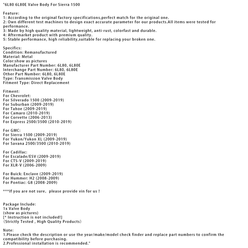 6L80 6L80E Valve Body For Sierra 1500