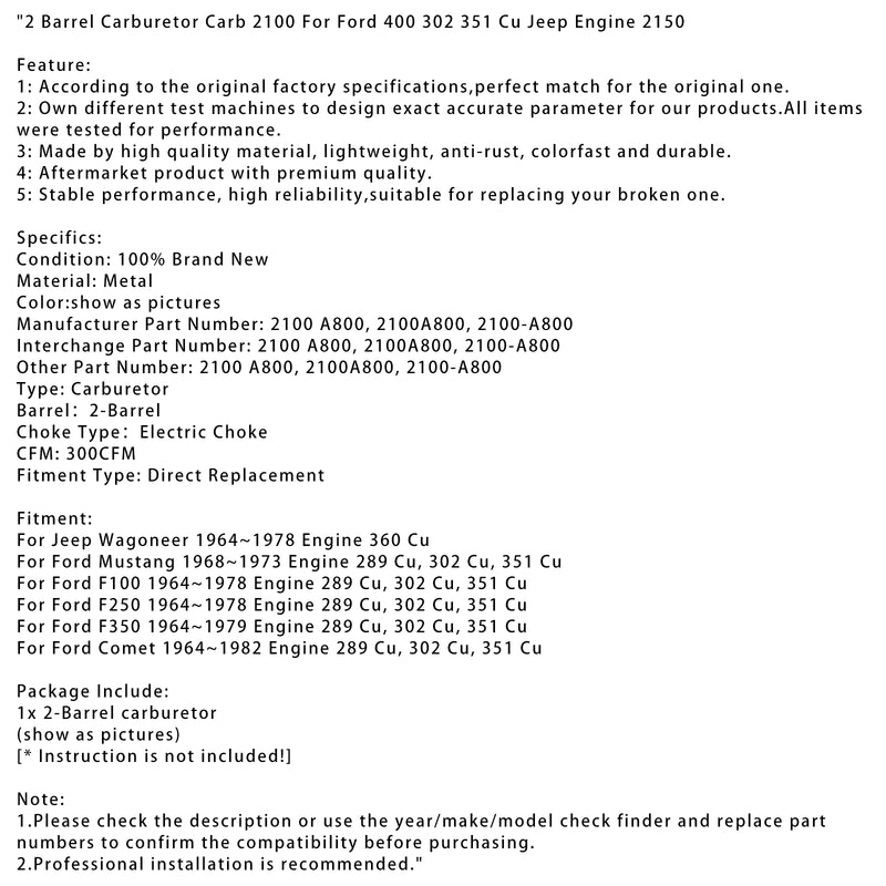 2 Barrel Carburetor Carb 2100 For Ford 400 302 351 Cu Jeep Engine 2150