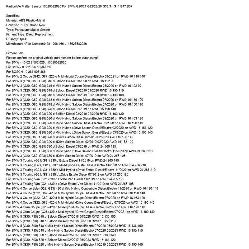 Particulate Matter Sensor 13628582026 For BMW G20/21 G22/23/26 G30/31 G11 B47 B57