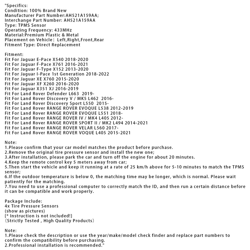 4X TPMS Tire Pressure Sensor For Land Rover Jaguar AH521A159AA