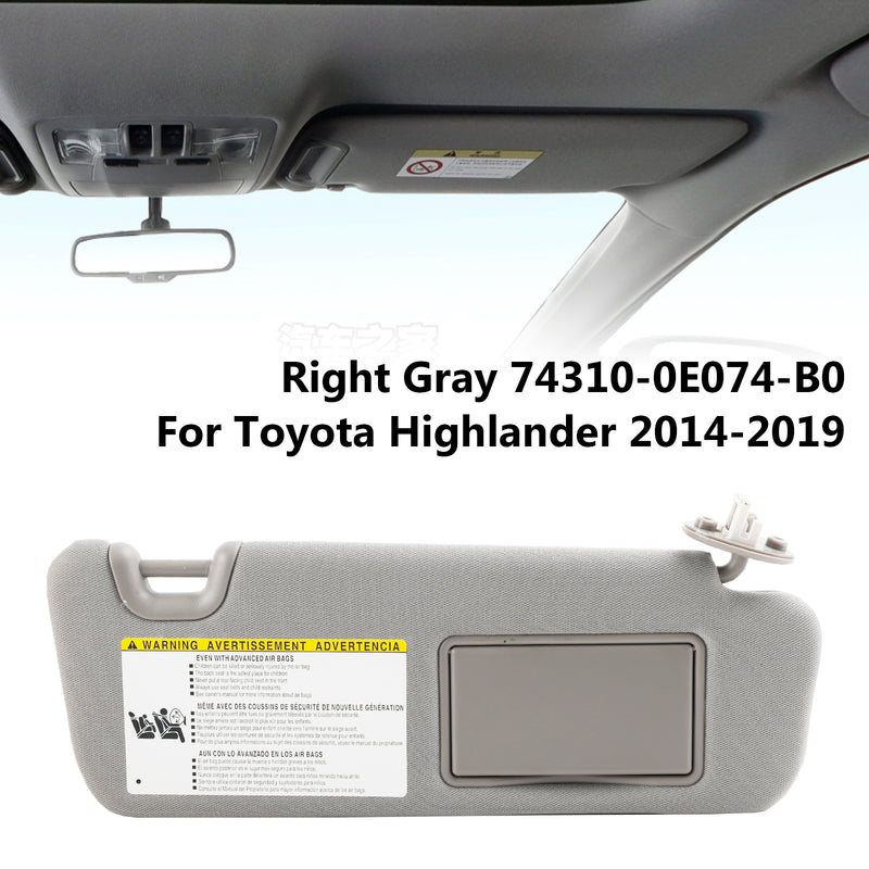 Toyota Highlander 2014-2019 Right Sun Visor W/Vanity Light Gray 74310-0E074-B0