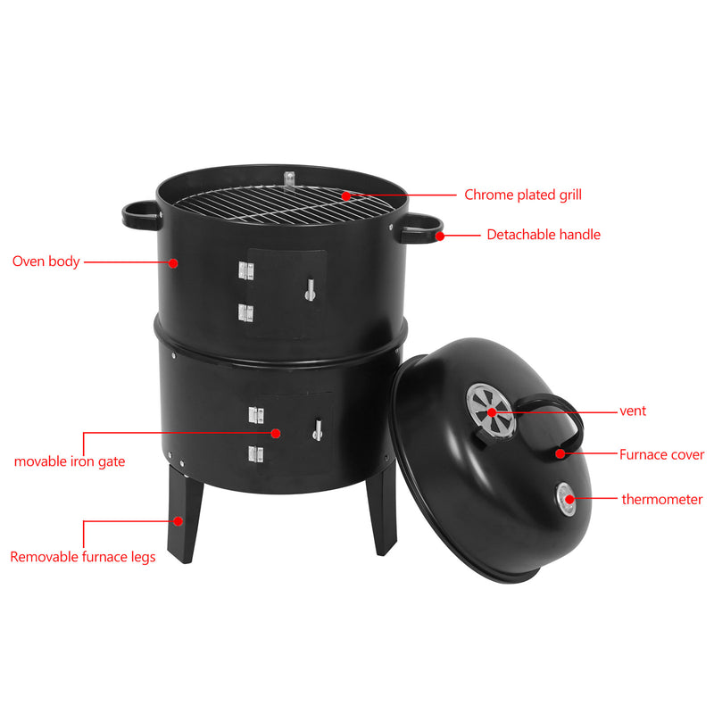 Detachable 3-in-1 Vertical Charcoal Smoker Portable BBQ Smoker Grill