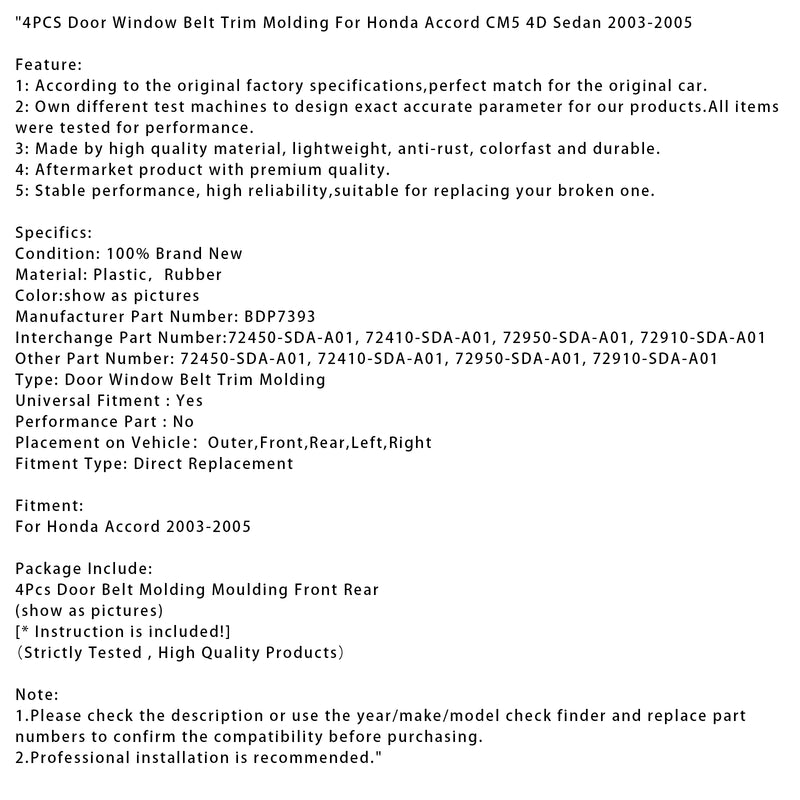 4PCS Door Window Belt Trim Molding For Honda Accord CM5 4D Sedan 2003-2005